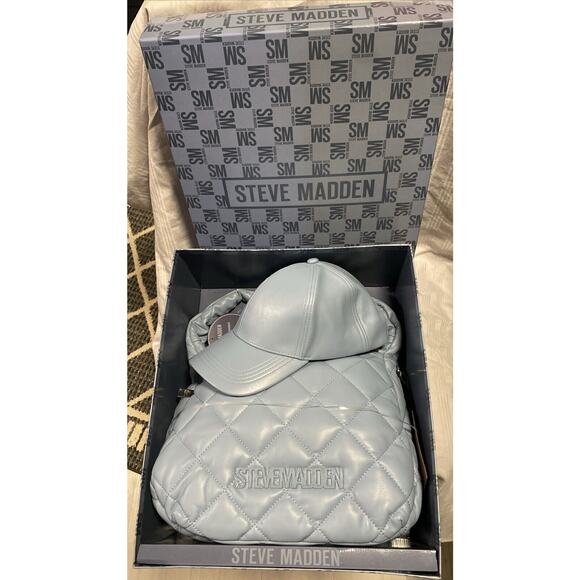 STEVE MADDEN Light Blue 2 Piece Gift Set Quilted Nylon Hobo Bag & Baseball Cap - Picture 1 of 16